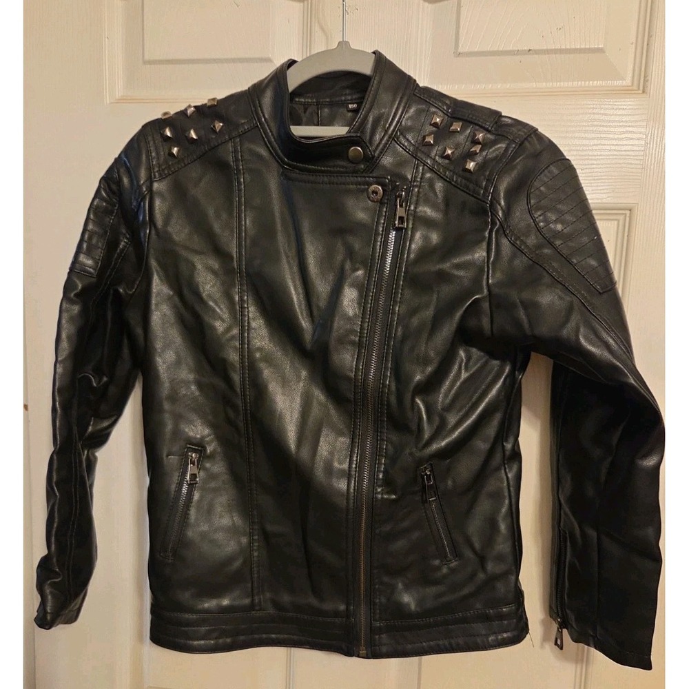 Black Faux Leather Boys Jacket Size 10/12 With Studded Shoulders